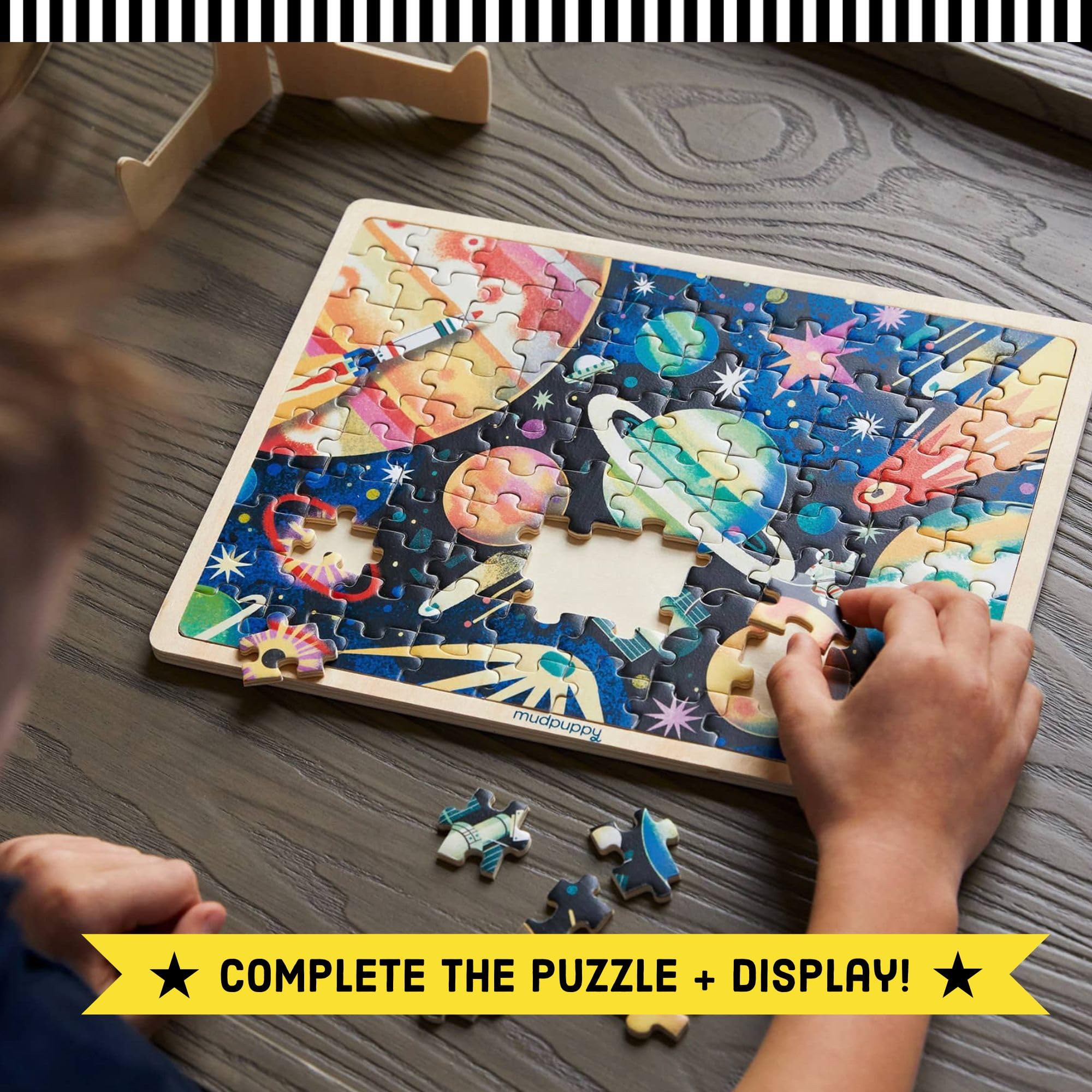 Mudpuppy Space Mission – 100 Piece Wooden Puzzle and Display Stand for Room Decor with Bright and Bold Illustrations of Outerspace for Kids - Image 3